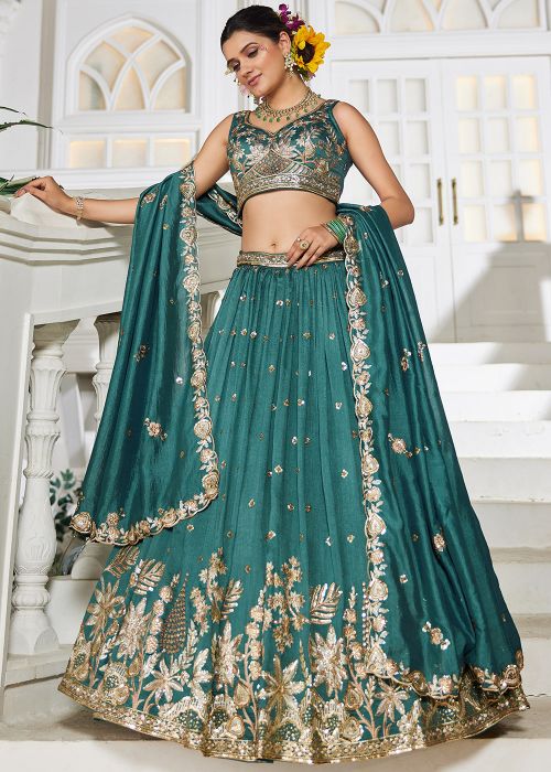 Teal Blue Georgette Embellished Lehenga Choli Set