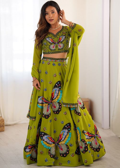 Parrot Green Embroidered Lehenga Choli In Georgette