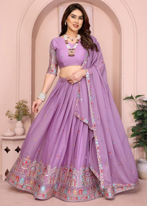 Lavender Embroidered Georgette Lehenga Choli Set