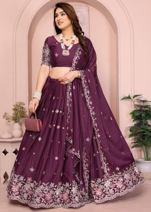 Purple Thread Embroidered Lehenga Choli Set