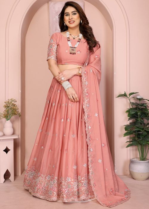 Peach Georgette Thread Work Lehenga Choli