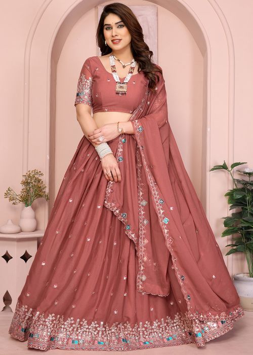 Dark Peach Embroidered Lehenga Choli