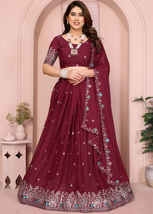 Maroon Embroidered Lehenga Choli In Georgette