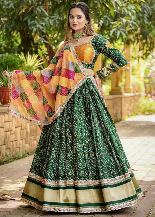 Green Bandhej Print Lehenga Choli Inn Silk