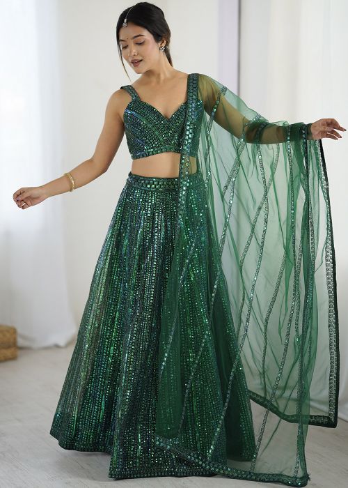 Green Sequins Embroidered Net Lehenga Choli