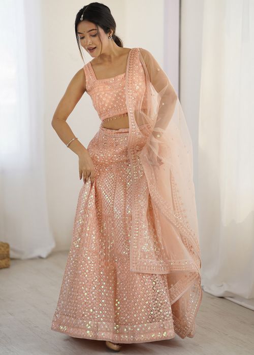 Peach Sequins Embellished Net Lehenga Choli