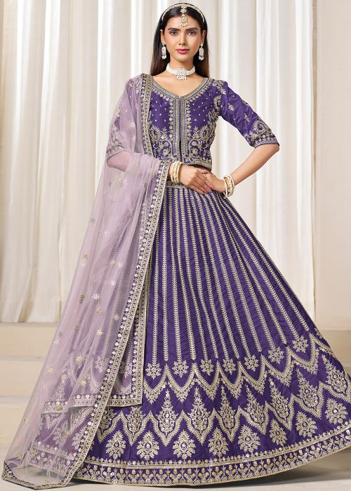 Purple Embroidered Lehenga Choli In Art Silk