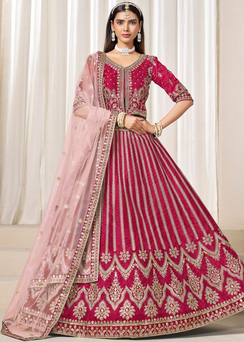 Pink Embroidered Lehenga Choli In Art Silk