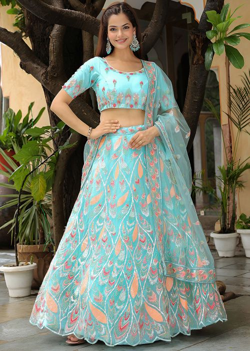 Turquoise Emmbroidered Net Lehenga Choli