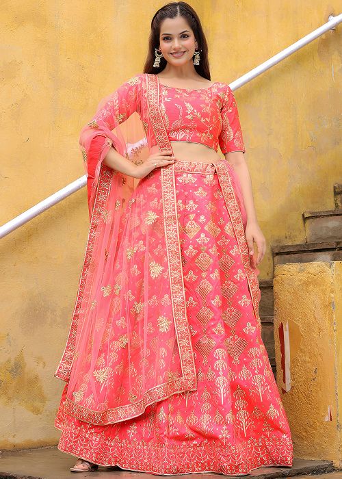 Peach Embroidered Art Silk Lehenga Choli