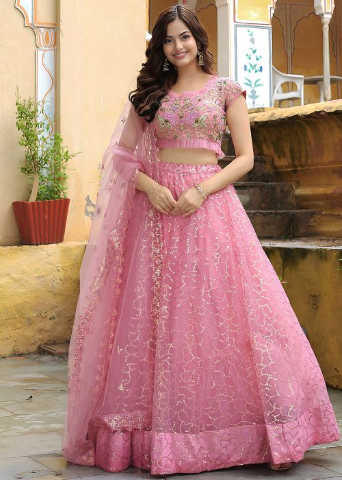 Pink Embroidered Net Lehenga Choli