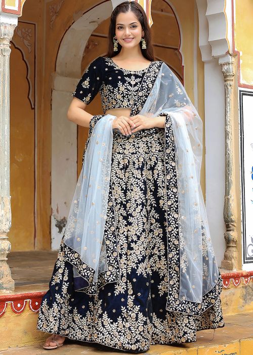 Dark Blue Embroidered Velvet Lehenga Choli
