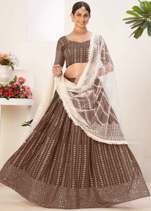 Brown Embroidered Lehenga Choli In Georgette