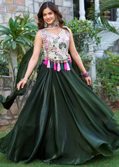 Green Embroidered Lehenga Choli In Tissue Silk