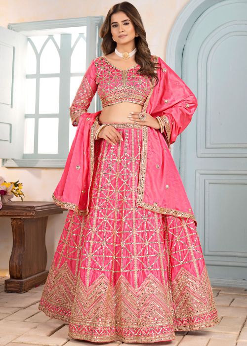 Pink Embroidered Lehenga Choli In Chiffon