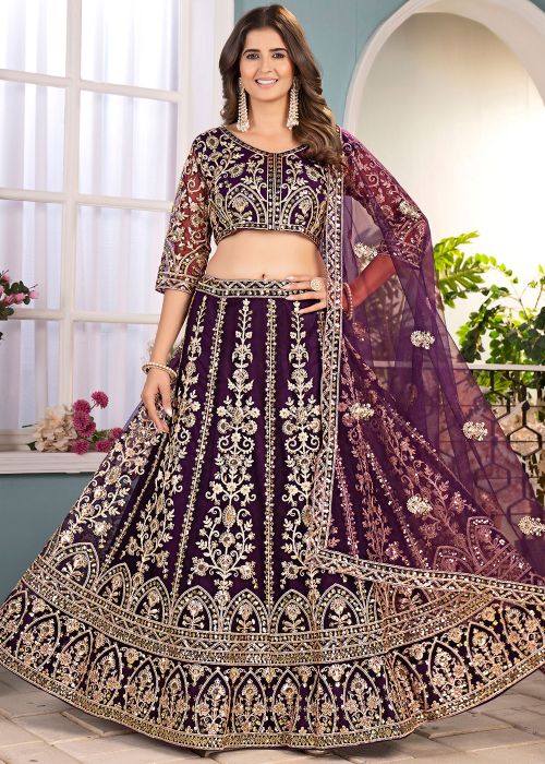 Purple Embroidered Net Lehenga Choli