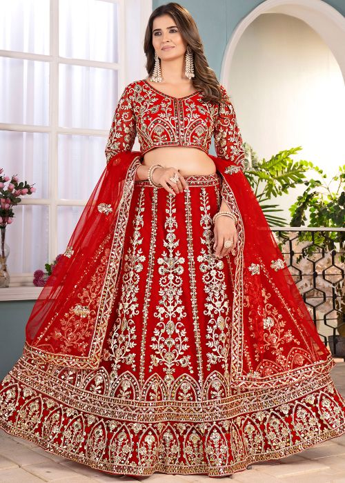 Red Embroidered Lehenga Choli In Net