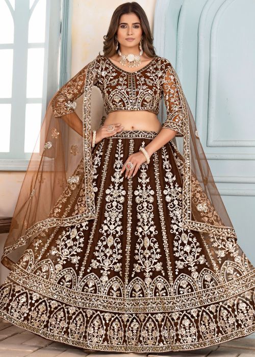 Brown Embroidered Net Lehenga Choli