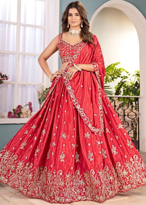 Red Embroidered Lehenga Choli In Chiffon