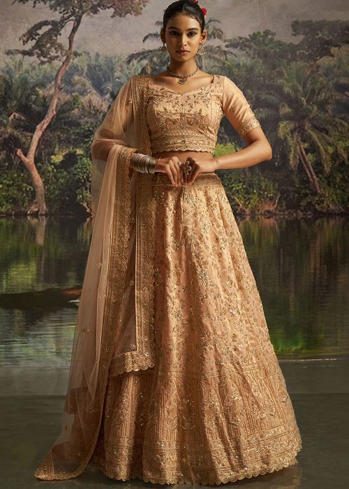 Peach Embroidered Net Lehenga Choli