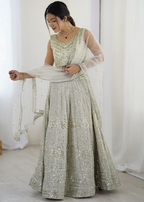 Off White Embroidered Lehenga Choli In Georgette