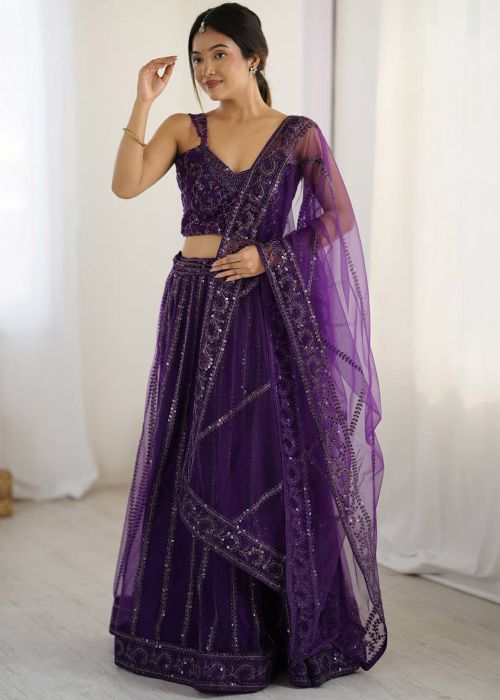 Purple Embroidered Net Lehenga Choli