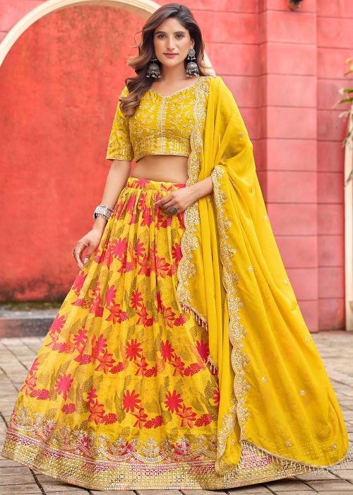 Yellow Embroidered Lehenga Choli In Art Silk