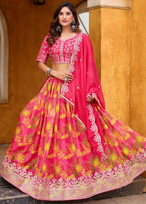 Pink Floral Print Lehnega Choli In Art Silk