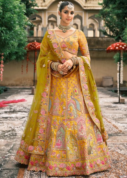 Yellow Thread Work Silk Lehenga Choli