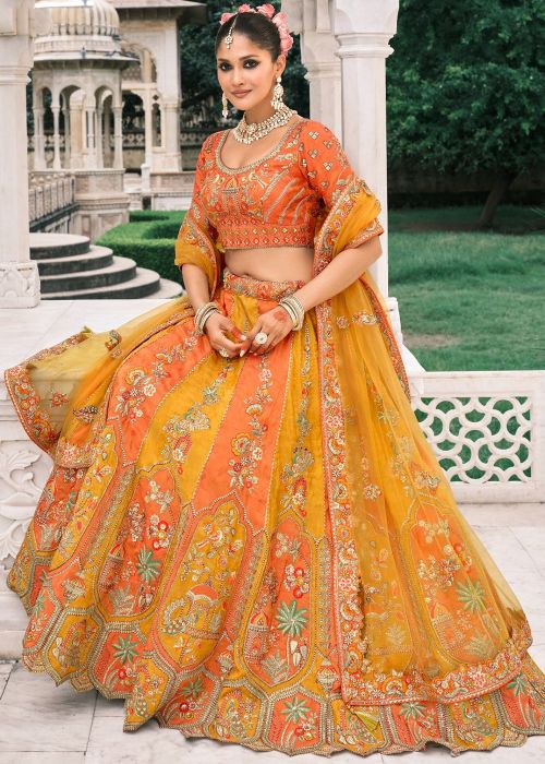 Yellow & Orange Embroidered Lehenga Choli