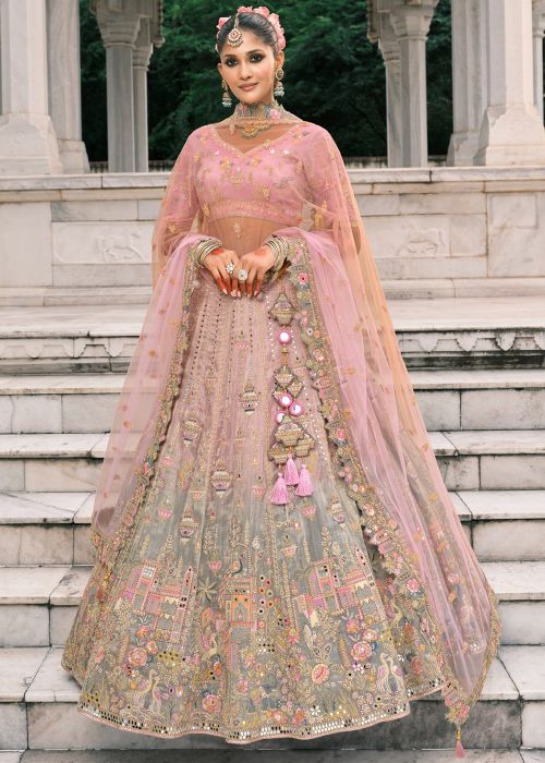 Shaded Pink & Grey Embroidered Lehenga Choli