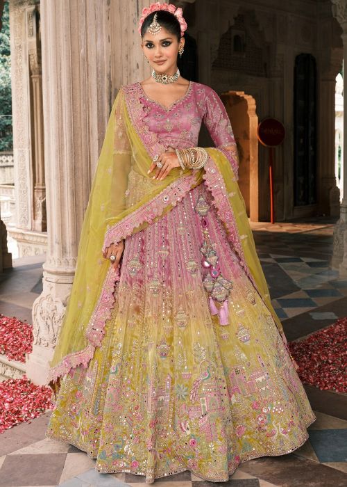Shaded Yellow & Pink Embellished Lehenga Choli