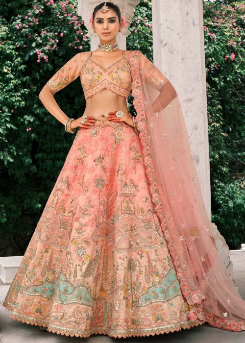 Peach Embroidered Silk Lehenga Choli Set