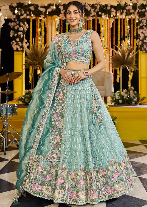 Turquoise Embroidered Satin Lehenga Choli