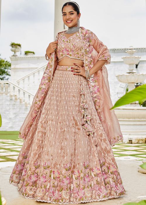 Peach Embroidered Lehenga Choli In Satin