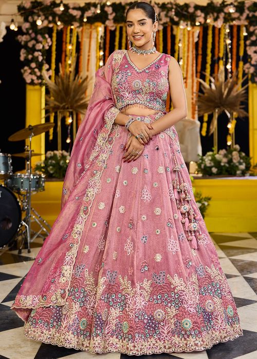 Pink Thread Embroidered Lehenga Choli