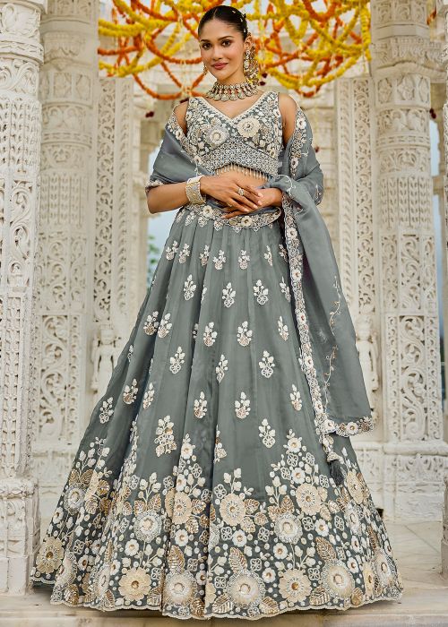 Grey Embroidered Organza Lehenga Choli