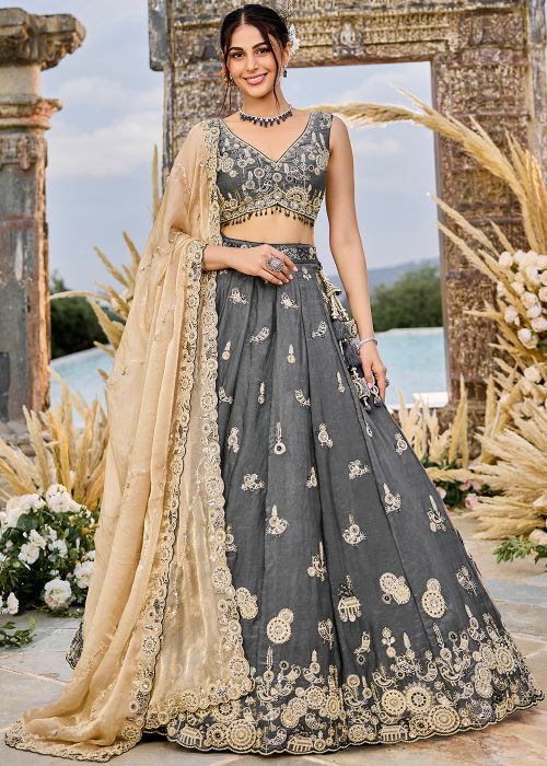 Dark Grey Embroidered Lehenga Choli