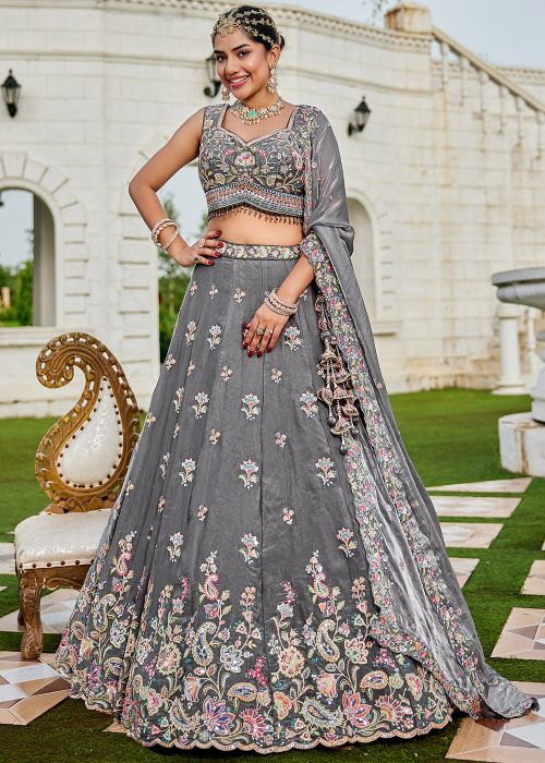 Grey Embroidered Tissue Lehenga Choli