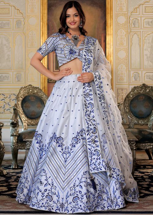 White Embellished Satin Lehenga Choli