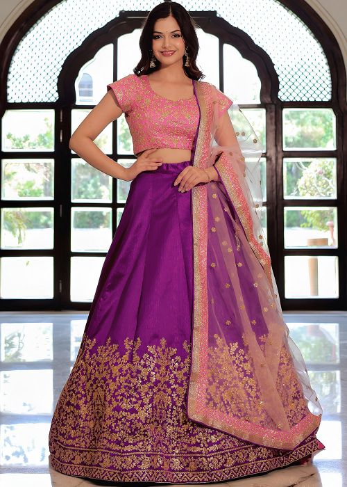 Purple Zari Embroidered Lehenga Choli Set
