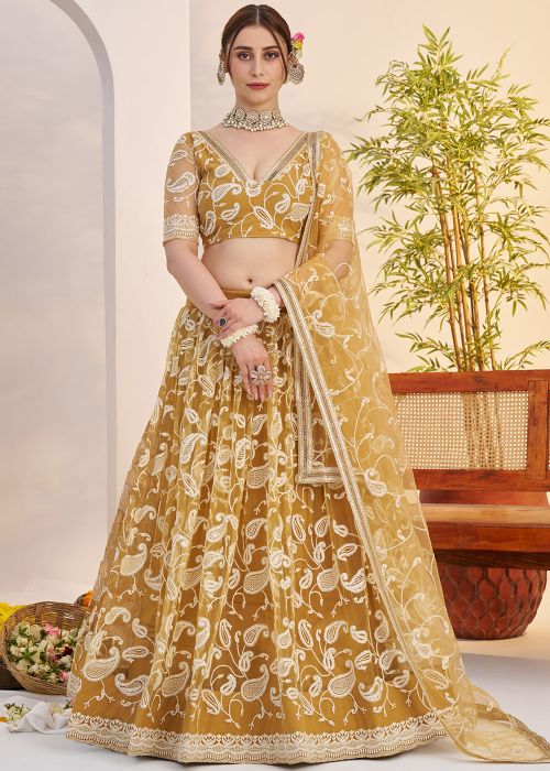 Mustard Yellow Net Lehenga Choli In Threadwork