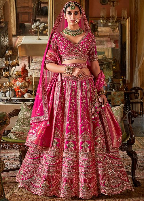 Pink Silk Bridal Embellished Lehenga with Net Dupattas