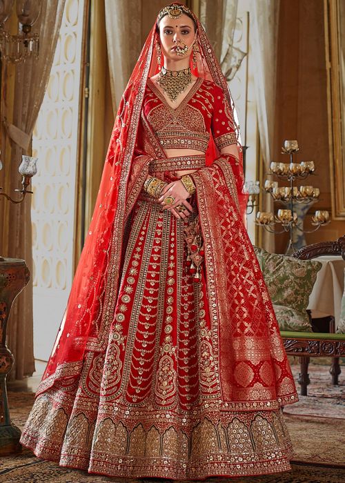 Red Bridal Silk Lehenga with Banarasi Dupattas