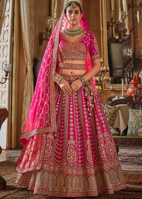 Pink Bridal Silk Embroidered Lehenga with Dual Dupattas
