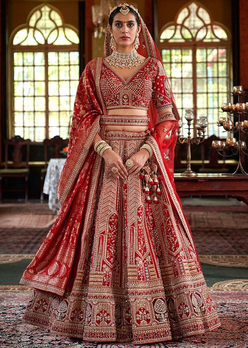 Red Embroidered Silk Lehenga Choli For Bridal