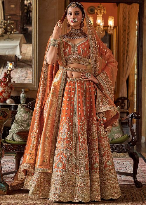 Orange Embroidered Lehenga Choli With Dual Dupatta