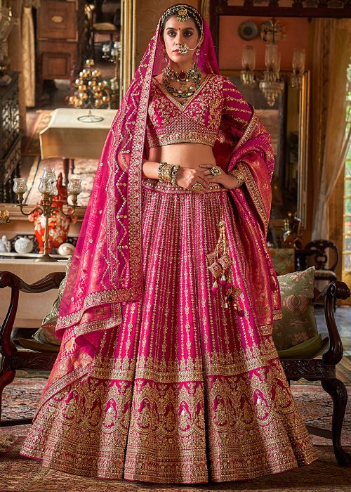 Pink Embroidered Silk Bridal Lehenga Choli