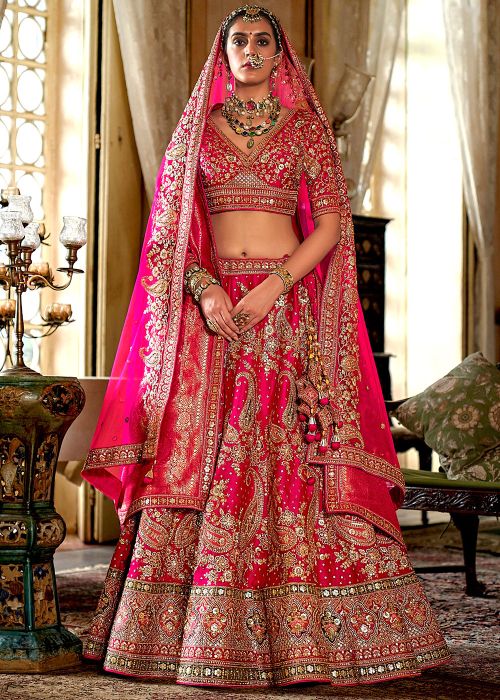 Pink Embroidered Silk Bridal Lehenga Choli