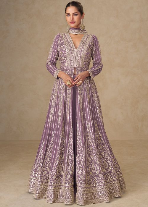 Lavender Slit Style Suit With Thread Embroidery